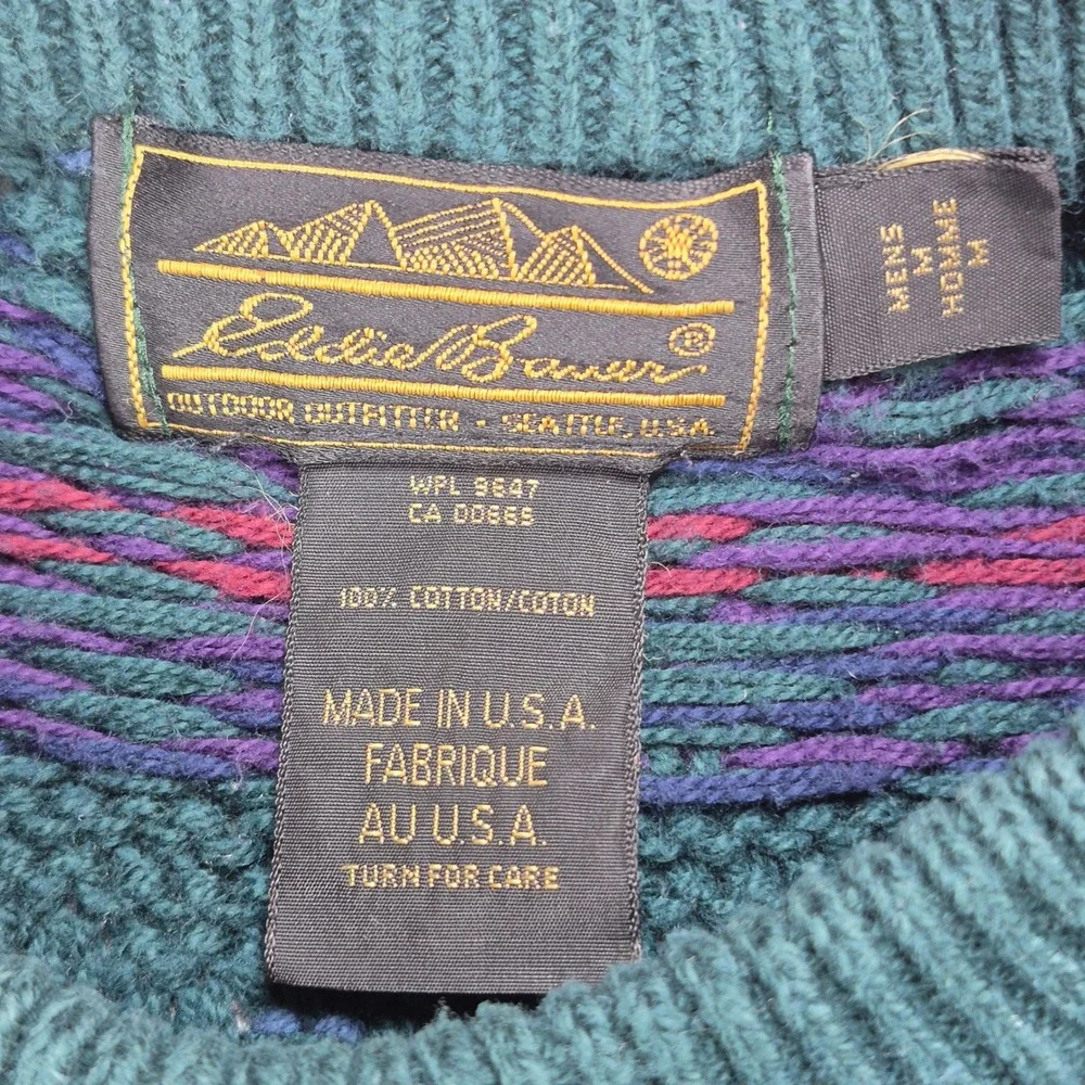 Vintage Eddie Bauer Fair Isle Sweater Mens Medium Green Cotton Knit Made in USA - Picture 3 of 6